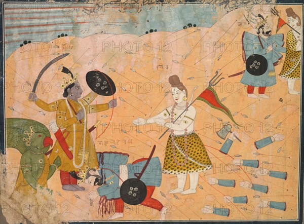 Shiva Intercedes for Vanasura: Scene from the Aniruddha Usha Section of Krishna Lila, c. 1840. Creator: Unknown.