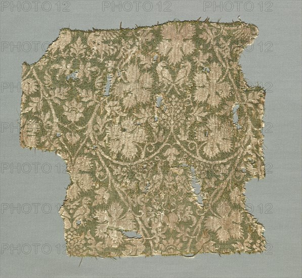 Silk fragment with scrolling vines, grape leaves, grapes and birds, 1325-1350. Creator: Unknown.