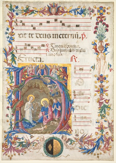 Single Leaf from an Antiphonary: Initial H[odie nobis] with The Nativity, 1471. Creator: Benvenuto di Giovanni (Italian, 1436-1509/17).