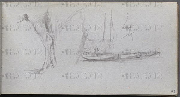 Sketchbook, page 43: Studies: Horse's leg, Figure in a Boat, and Profile. Creator: Ernest Meissonier (French, 1815-1891).