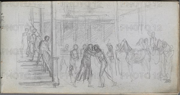 Sketchbook, page 62: Figure Study, Stairway, Horse. Creator: Ernest Meissonier (French, 1815-1891).