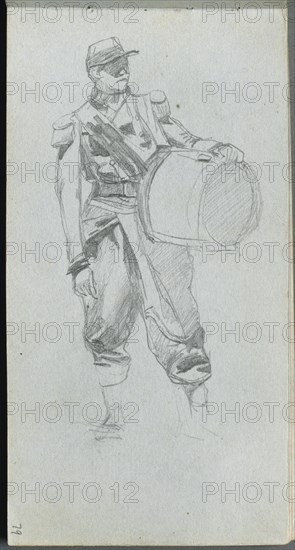 Sketchbook, page 79: Soldier with Drum. Creator: Ernest Meissonier (French, 1815-1891).