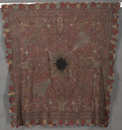 Squre Pieced Shawl with Vase Corners, 1867-1875. Creator: Unknown.