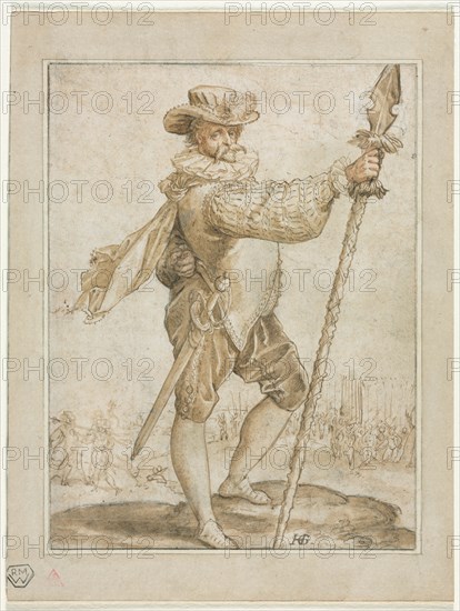 Standing Officer Holding a Boar's Spear, 1586. Creator: Hendrick Goltzius (Dutch, 1558-1617).