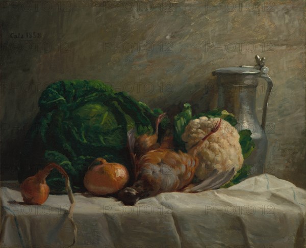 Still Life with Vegetables, Partridge, and a Jug, 1858. Creator: Adolphe-Félix Cals (French, 1810-1880).