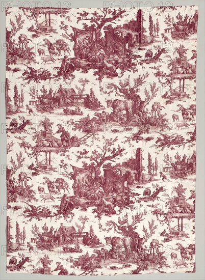 Strip of Copperplate Printed Cotton with "Les plaisirs de la ferme" Design, 1785-1790. Creator: Christophe Philippe Oberkampf (French, 1738-1815), firm of ; Jean-Baptiste Marie Hüet (French, 1745-1811).