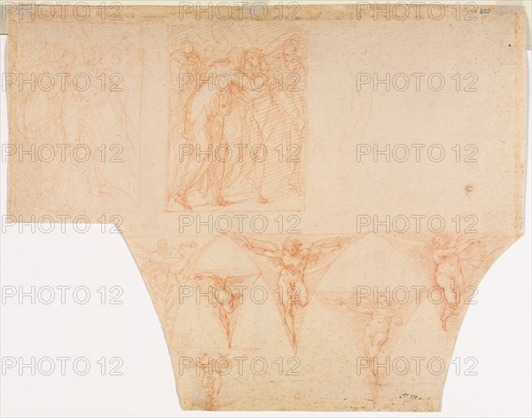 Studies for Christ Meeting His Mother..., Studies of an Angel in a Pendentive (verso), 1599/1604. Creator: Cristoforo Roncalli (Italian, 1552-1626).