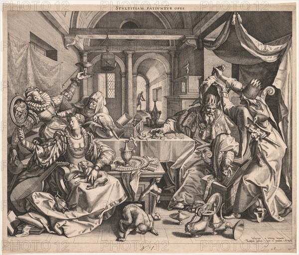 Stultitiam patiuntur opes (Wealth permits Stupidity), or, Allegory of Wealth, Lust, and Stupidity, 1 Creator: Raphael Sadeler (Flemish, 1560/61-1628/32).