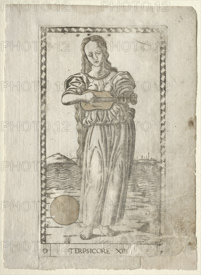 Terpsichore (dancing and song) (from the Tarocchi series D...), before 1467. Creator: Master of the E-Series Tarocchi (Italian, 15th century).