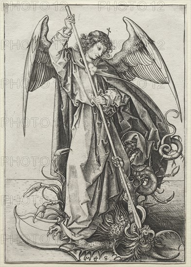 The Archangel Michael Piercing the Dragon, c. 1475. Creator: Martin Schongauer (German, c.1450-1491).