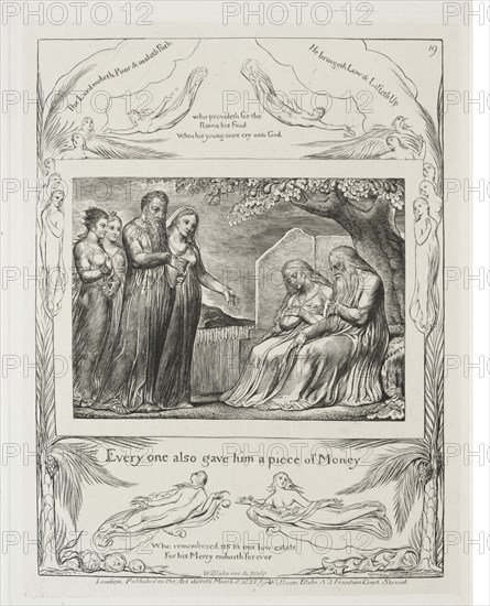 The Book of Job: Pl. 19, Every one also gave him a piece of money, 1825. Creator: William Blake (British, 1757-1827).