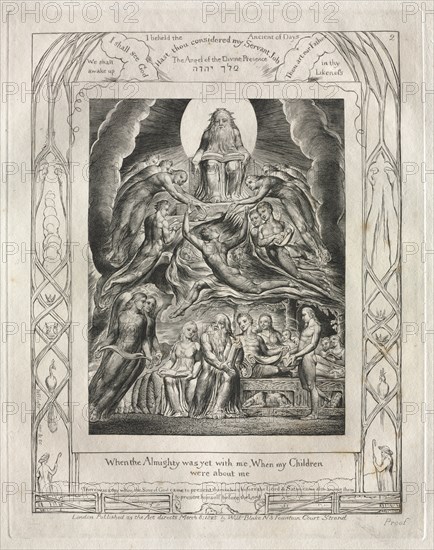 The Book of Job: Pl. 2, When the Almighty was yet with me, When my Children..., 1825. Creator: William Blake (British, 1757-1827).