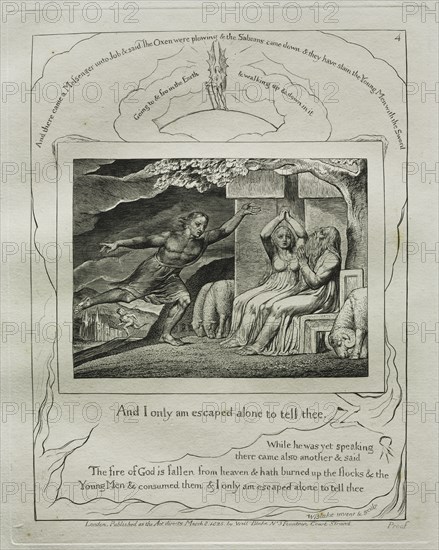 The Book of Job: Pl. 4, And I only am escaped alone to tell thee, 1825. Creator: William Blake (British, 1757-1827).