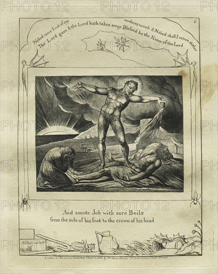 The Book of Job: Pl. 6, And smote Job with sore Boils / from the sole of his foot to the crown..., 1 Creator: William Blake (British, 1757-1827).