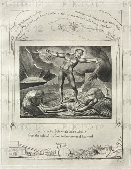 The Book of Job: Pl. 6, And smote Job with sore Boils / from the sole of his foot..., 1825. Creator: William Blake (British, 1757-1827).