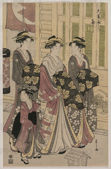 The Courtesan Kisagata of Ohishiya Strolling at Night with Two Shinzo and a Kamuro, c. 1790. Creator: Ch?bunsai Eishi (Japanese, 1756-1829).