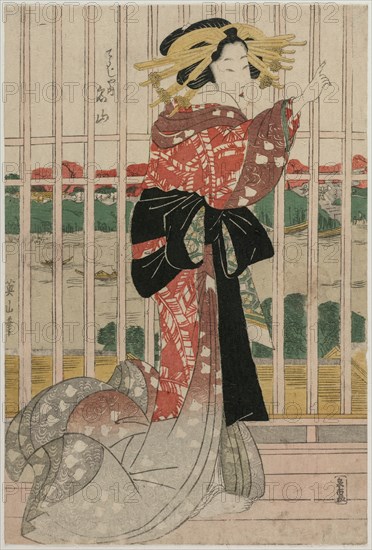 The Courtesan Meizan of the Chojiya on a Balcony Overlooking the Sumida River, c.early or mid 1820s. Creator: Eizan Kikugawa (Japanese, 1787-1867).