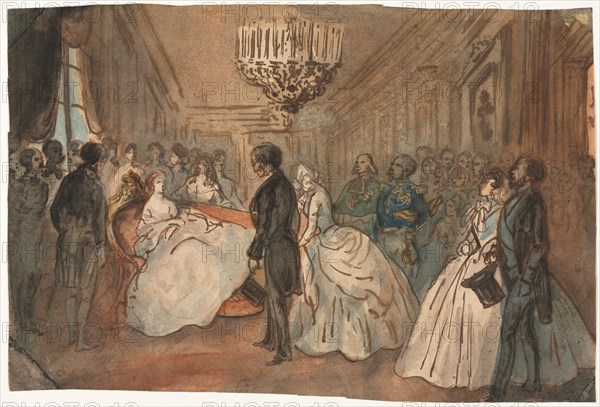 The Empress Eugenie Receiving the Diplomatic Corps after the Birth of the Imperial Prince, 1800s. Creator: Constantin Guys (French, 1805-1892).