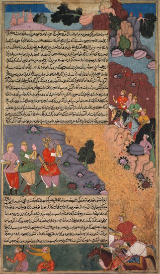 The First Adventure of the White Horse, Page from the Khan Khanan's Razm Nama..., c. 1610-17. Creator: Unknown.