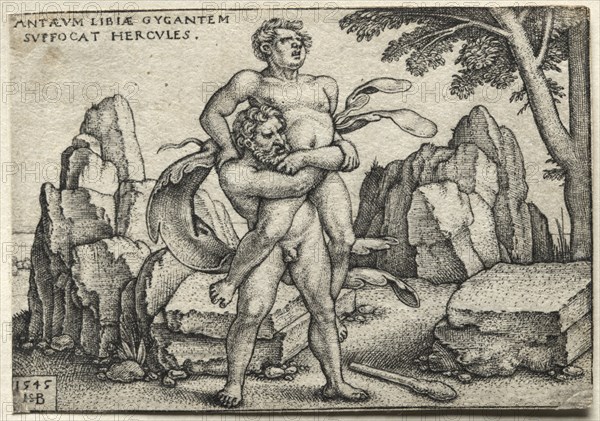 The Labors of Hercules: Hercules Crushing Antaeus, 1545. Creator: Hans Sebald Beham (German, 1500-1550).