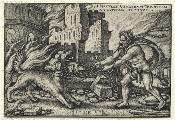 The Labors of Hercules: Hercules Dragging Cerberus from the Underworld, 1545. Creator: Hans Sebald Beham (German, 1500-1550).