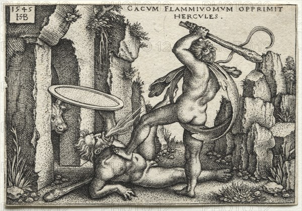 The Labors of Hercules: Hercules Killing the Giant Cacus, 1545. Creator: Hans Sebald Beham (German, 1500-1550).