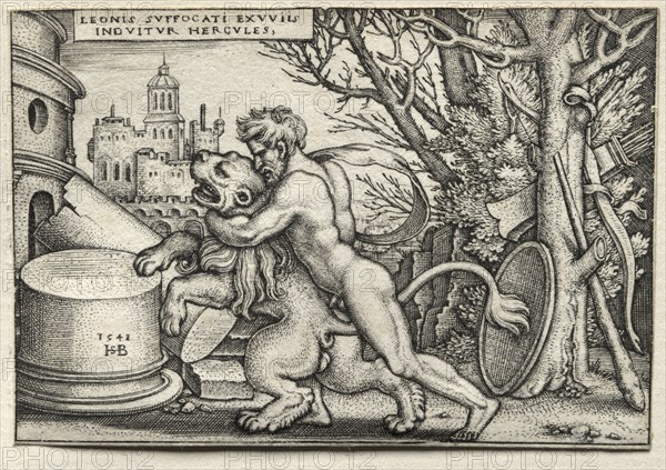 The Labors of Hercules: Hercules Strangling the Nemean Lion, 1548. Creator: Hans Sebald Beham (German, 1500-1550).