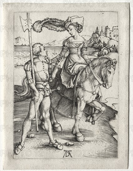 The Lady Riding and the Landsknecht, c. 1497. Creator: Albrecht Dürer (German, 1471-1528).