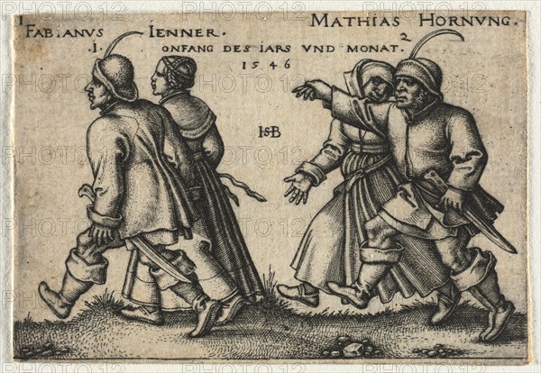 The Peasant Wedding or the Twelve Months: 1-Fabianus Jenner 2-Mathias Hornung, 1546. Creator: Hans Sebald Beham (German, 1500-1550).