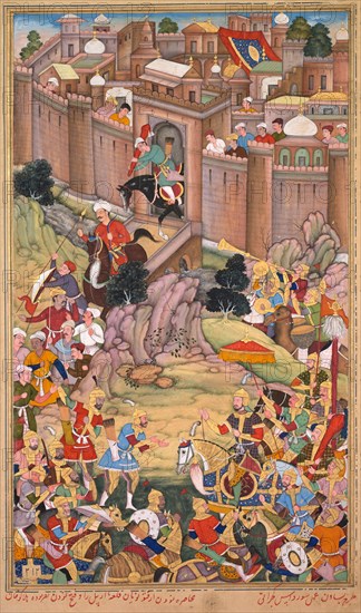 The siege of Arbela in the era of Hulagu Khan, page from a Chingiz-nama..., c. 1596. Creator: Basavana (Indian, active c. 1560-1600); Sur Das (Indian).