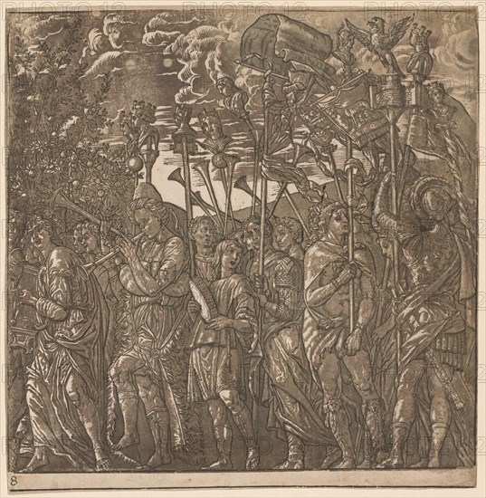 The Triumph of Julius Caesar: Soldiers Carrying Banners and Standards, 1593-99. Creator: Andrea Andreani (Italian, about 1558-1610).