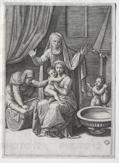 The Virgin and the Cradle with Saint Elisabeth and Saint Anne, 1520. Creator: Marcantonio Raimondi (Italian, 1470/82-1527/34).