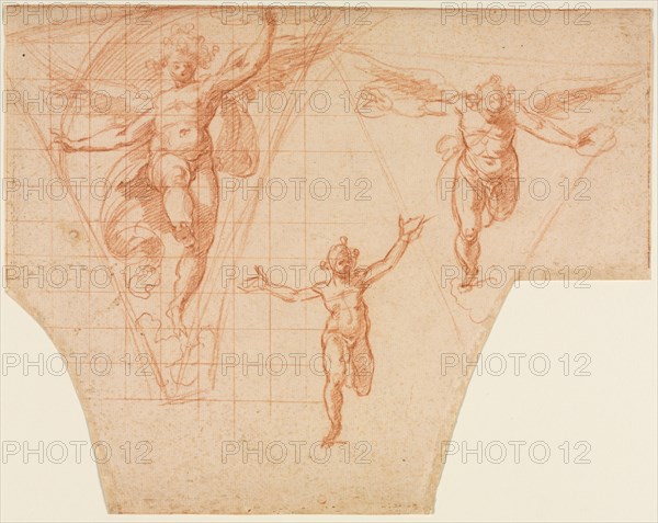 Three Studies of Angels for a Pendentive (recto); Studies for Christ Meeting His Mother?(verso), 159 Creator: Cristoforo Roncalli (Italian, 1552-1626).