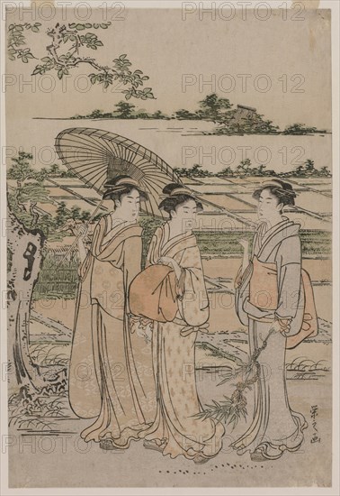 Three Women Strolling in the Countryside, mid 1780s. Creator: Ch?bunsai Eishi (Japanese, 1756-1829).