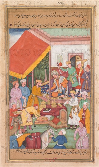 Timur distributes gifts from his grandson, the Prince of Multan, from a Zafar-nama..., 1598-1600. Creator: Shravana (Indian).