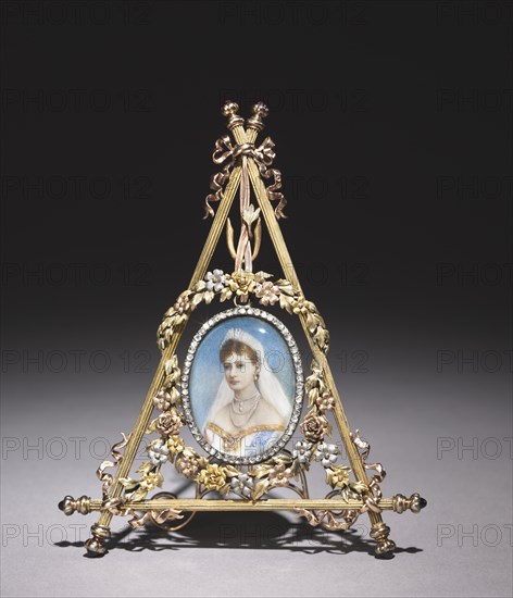 Triangular Frame with Portrait of Czarina Alexandra Feodorovna, 1896-1908. Creator: Peter Carl Fabergé (Russian, 1846-1920), firm of.