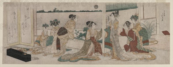 Tsukasa and Other Courtesans of the Ogiya Watching the Autumn Moon Rise..., 1799. Creator: Katsushika Hokusai (Japanese, 1760-1849).