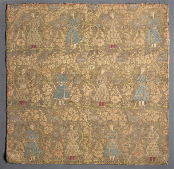 Twill weave with falconers amid rose bushes, 1650-1699. Creator: Unknown.