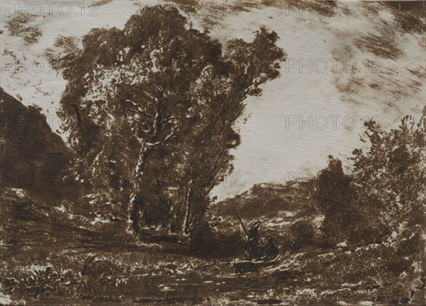 Two Boatmen in a Marsh near a Cluster of Trees, c. 1857. Creator: Henri-Joseph-Constant Dutilleux (French, 1807-1865).