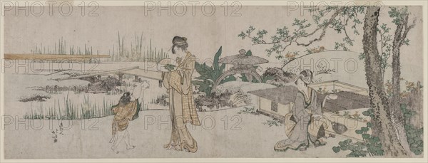 Two Women and a Child Beside a Goldfish Tank, c. 1800. Creator: Katsushika Hokusai (Japanese, 1760-1849).