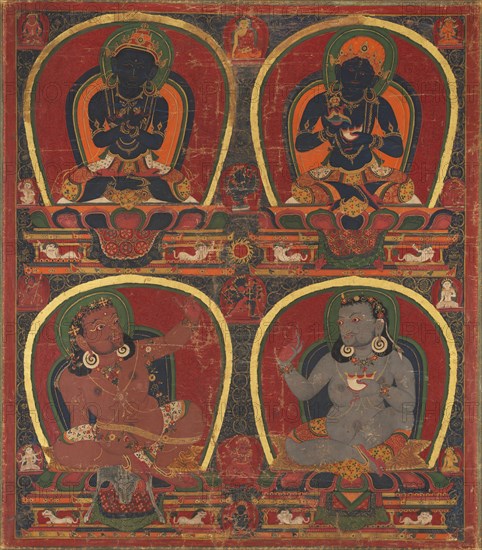 Vajradhara, Nairatmya, and Mahasiddhas Virupa and Kanha, c. 1450. Creator: Unknown.