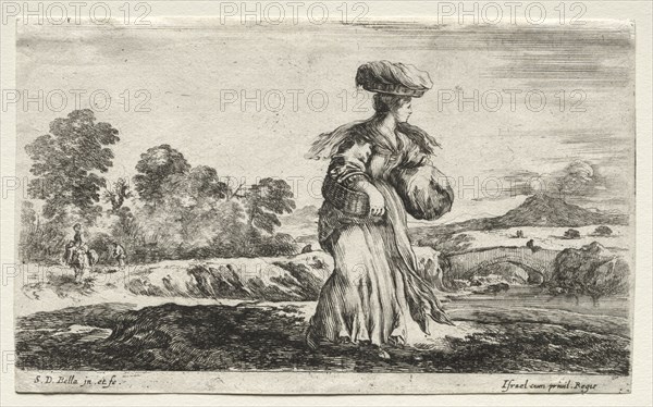 Various Figures and Landscapes: Peasant Woman Carrying a Basket on her Head, 1649. Creator: Stefano Della Bella (Italian, 1610-1664).
