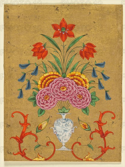 Vase with flower arrangement and scrollwork, c. 1750-1800. Creator: Unknown.