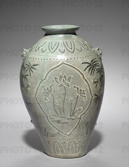 Vase with Inlaid Lotus, Plum, and Bamboo Design, 1300s. Creator: Unknown.