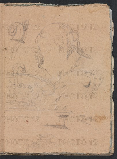 Verona Sketchbook: Architectural motifs with female head (page 45), 1760. Creator: Francesco Lorenzi (Italian, 1723-1787).