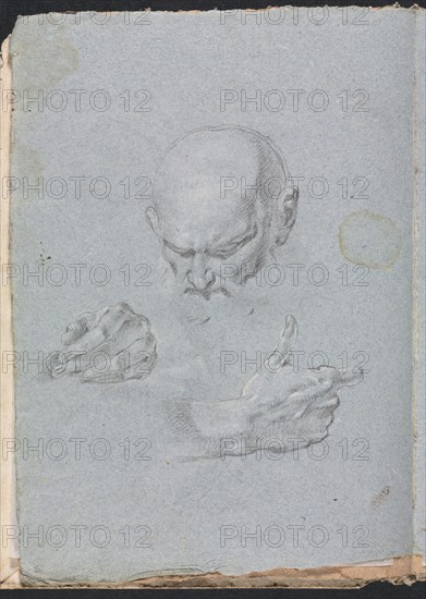 Verona Sketchbook: Head of a man with hands (page 8), 1760. Creator: Francesco Lorenzi (Italian, 1723-1787).