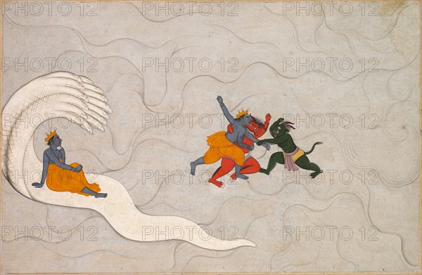 Vishnu Battles Madhu and Kaitabha, from a Markandeya Purana, c. 1760. Creator: Unknown.