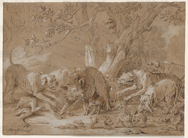 Wild Sow and Her Young Attacked by Dogs, 1748. Creator: Jean-Baptiste Oudry (French, 1686-1755).