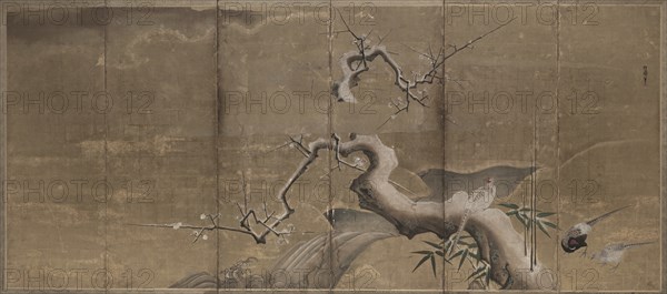 Winter Scene with Plum Trees and Pheasants (Birds Left), early 1600s. Creator: Kano Naonobu (Japanese, 1607-1650).