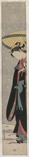 Woman (Bihin) with Parasol in Snow (From the series Mu Tamagawa). Creator: Suzuki Harunobu (Japanese, 1724-1770).